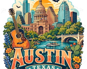 Panorama Austin w Teksasie, PNG | Projekt miasta z muzyką retro na gitarze (pobranie cyfrowe)