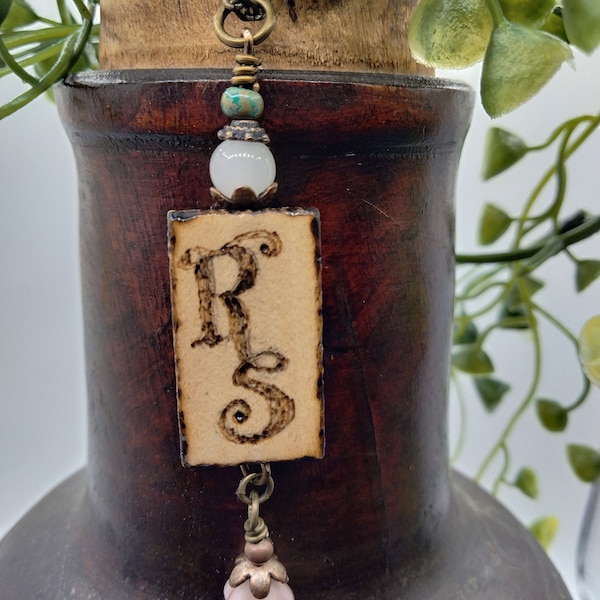 Name Necklace Initials or Bag Purse Charm Woodburned Vintage Style Boho Jewelry