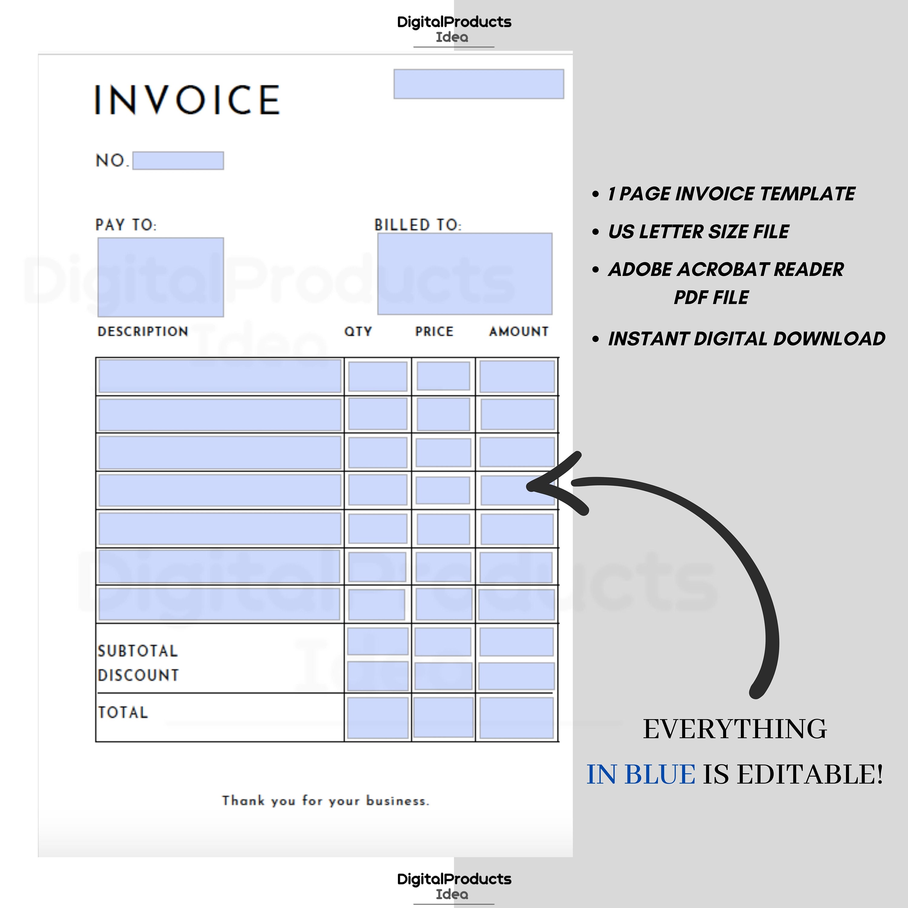 Invoice Template PDF, Printable Invoice Template Download, Editable Invoice Template for Small ...