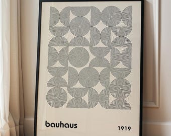 Bauhaus vintage print, Retro exhibition poster, black and white abstract wall art, mid century modern decor, minimalist geometric printable
