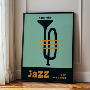 Jazz Festival Poster Print, Newport Jazz Fest wall art, Music Fest print, Vintage Printable, Retro Music Instrument, Hand Drawn Trumpet Horn