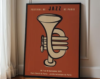 Jazz Print, Paris Music Festival Poster, Trumpet Jazz Wall Art, Vintage Printable, Retro Color Print, Jazz Fest Printable, Digital Download
