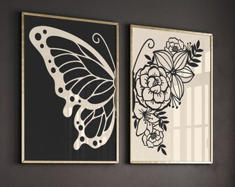 Butterfly Prints Bundle, Black and Beige Elegant Abstract Prints, 2 Pieces Printable, Spread Wings Wall Art, Black and White Butterfly Art