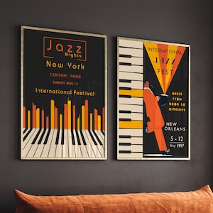 Conjunto de 2 carteles del Festival de Jazz, Impresiones de festivales de música, Arte de pared de saxofón de piano, Ilustración vintage, Imprimibles de instrumentos de jazz, Color retro