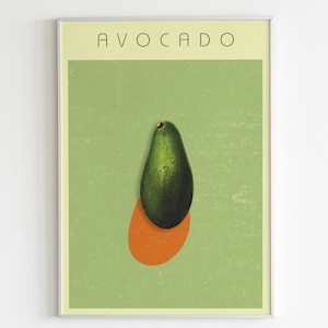 Vintage Avocado Poster, Retro Avocado Wall Art, Botanical Fruit Print, Kitchen Decor, Illustrated Food Poster, Mid-century Modern Art