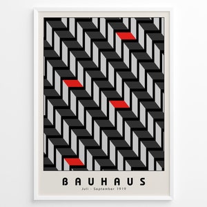 Bauhaus 1919 Abstract Geometric Art Print, Black Gray & Red Modern Poster, Mid-Century Modern Wall Art, Minimalist Bauhaus Exhibition Poster