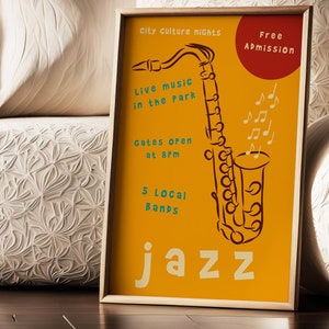 jazz live music poster, saxophone printable, digital download, etsy creativoprintables