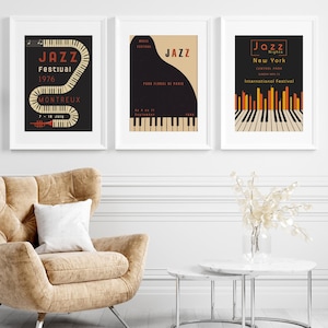 Vintage Jazz Festival Poster Set | Montreux, New York, Paris | Piano-Inspired Art | Digital Download | Vintage Cool Posters | Printables Set