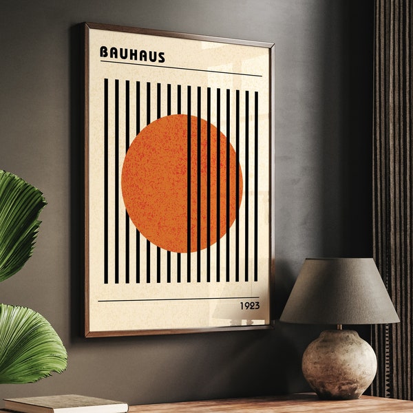 Bauhaus Geometric Wall Art, Abstract Poster, Vintage Orange Printable, Textured Mid Century Modern Print, Circle and Lines Illustration