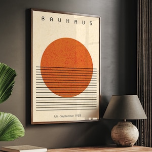 Bauhaus Ausstellung Orange Kreis Druck, moderne abstrakte geometrische Wandkunst, Orange Bauhaus Poster, druckbare Bauhaus, Vintage texturiert