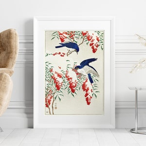 Retro Japan Birds Poster, Flycatchers in Snow Painting, Vintage Japanese Print, Koson Ohara Poster, Vintage Woodblock Print, Traditional