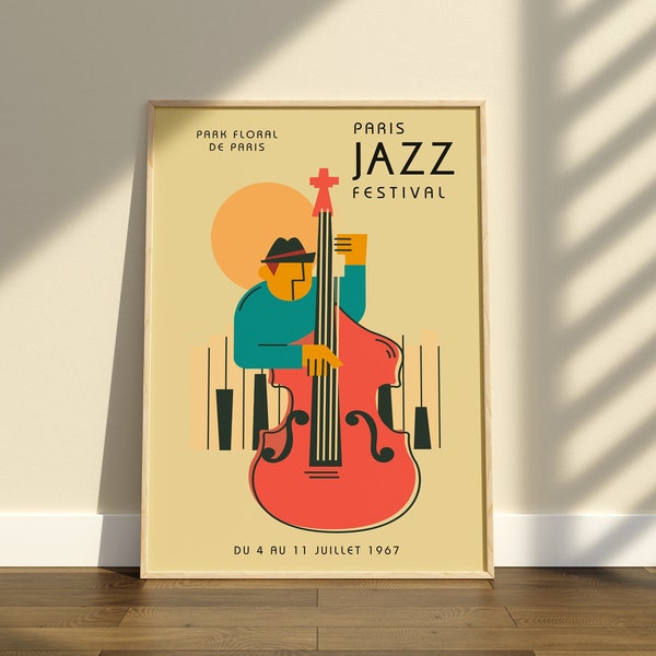 Affiche du festival de jazz, impression Paris Music Fest, art mural coloré vintage, fond beige à imprimer, art mural instruments, contrebasse