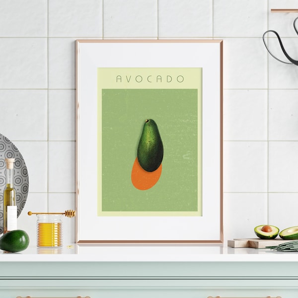 Vintage keukenposter, Avovado plantaardige kunst aan de muur, Fruit Retro Print, getextureerde afdrukbare kunst, botanische vegetarische cadeau, Vegan Home Decor