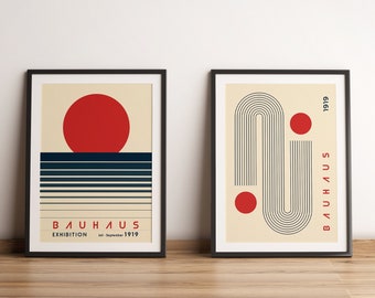 Bauhaus Posters Set of 2, Mid Century Modern Wall Art, Color Bauhaus Exhibition Print, Abstract Geometric Art, Vintage Printables, Retro Art