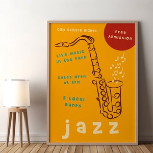 jazz festival poster, vintage music fest print, contemporary colorful wall art, jazz wall art, digital download printable, diy framing, retro music wall art, cool poster art, jazz typography, #creativoprintables #digitaldownload #jazzfestival