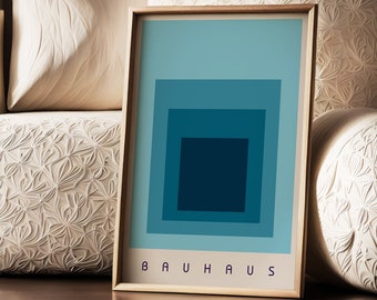 Blue Bauhaus Exhibition Print, Vintage Poster, Abstract Geometric Art, Mid Century Modern Home Office Decor, Large Wall Art, Bauhaus Squares