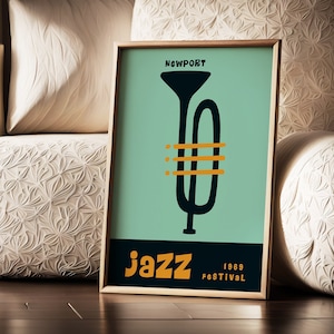 Jazz Festival Poster Print, Newport Jazz Fest wall art, Music Fest print, Vintage Printable, Retro Music Instrument, Hand Drawn Trumpet Horn