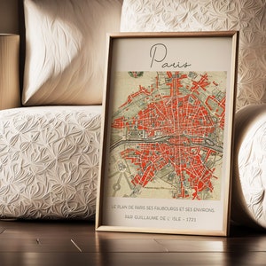 Impressão de mapa vintage de Paris, mapa retrô da cidade de Paris, mapa histórico europeu, mapa antigo de Paris, desenho de cartógrafo famoso, arte de parede de viagem