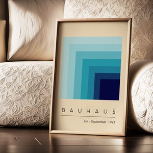 Blue Bauhaus Print, Abstract Geometric Wall Art, Mid Century Modern Printable, Bauhaus Exhibition Poster, Vintage Color Print, Blue Squares