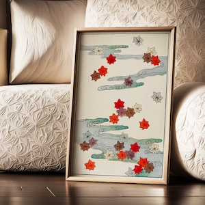 Pintura vintage de Japón, hojas de otoño e impresión de agua, Bijutsu Sekai, Watanabe Seitei, xilografía japonesa, cartel oriental tradicional