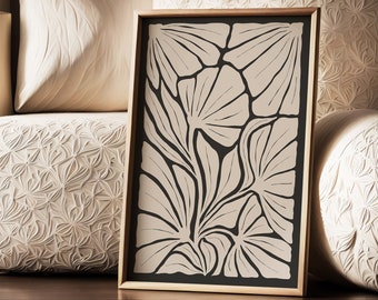 Floral Wall Art, Beige and Black, Black and White Flowers Poster, Mid Century Modern Wall Art Neutral Printable, Cut Out Print, Retro Leaves