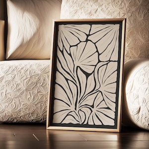 Arte de parede floral, bege e preto, pôster de flores em preto e branco, arte de parede moderna de meados do século para impressão neutra, impressão recortada, folhas retrô