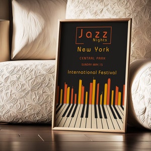 Plakat festiwalu jazzowego, Kolorowa nowoczesna sztuka ścienna, Wydruk festiwalu muzycznego, Ciemne tło do druku, Sztuka ścienna z fortepianem, Sylwetka Nowego Jorku