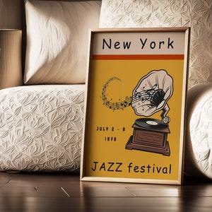 Plakat Gramophone Jazz Festival, Kolorowa nowoczesna sztuka ścienna, Wydruk Music Fest, Sztuka ścienna Vintage Music, New York Jazz Fest, Notacja muzyczna