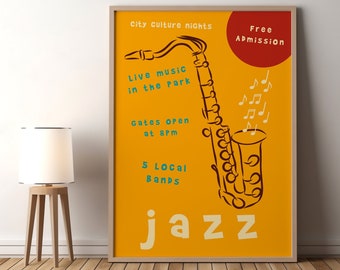 Jazz Festival Poster, Colorful Modern Wall Art, Music  Fest Print, Yellow Printable, Jazz Related wall art, Saxophone Instrument,