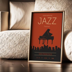 Jazz Festival Poster, Colorful Modern Home Decor, Music  Fest Print, Red Black Printable, Piano Wall Art, City Silhouette, Retro Banner