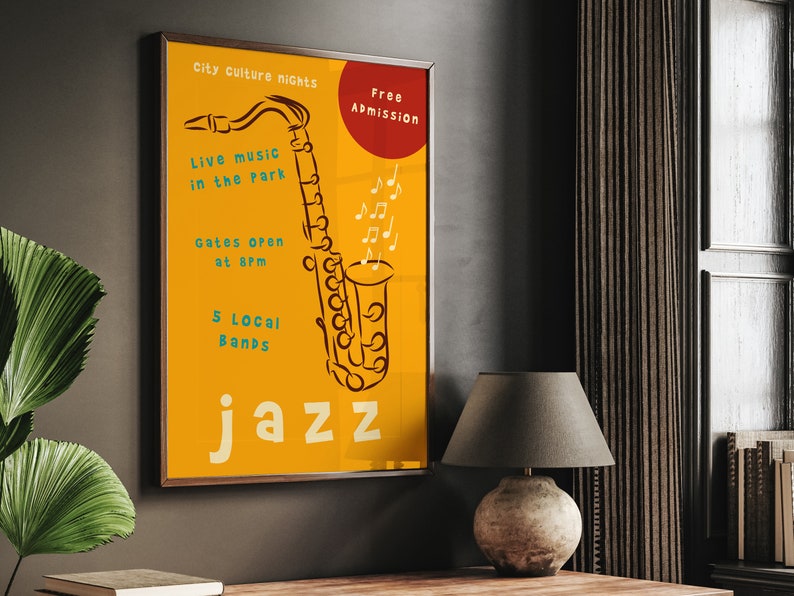 jazz festival poster, vintage music fest print, contemporary colorful wall art, jazz wall art, digital download printable, diy framing, retro music wall art, cool poster art, jazz typography, #creativoprintables #digitaldownload #jazzfestival