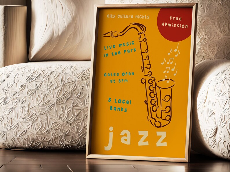 jazz live music poster, saxophone printable, digital download, etsy creativoprintables