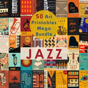 50 Jazz MEGA BUNDLE Gallery Wall Set, Impresiones de Jazz, Carteles del Festival de Jazz, Colección de imprimibles de música, Arte de pared, Decoración vintage del hogar