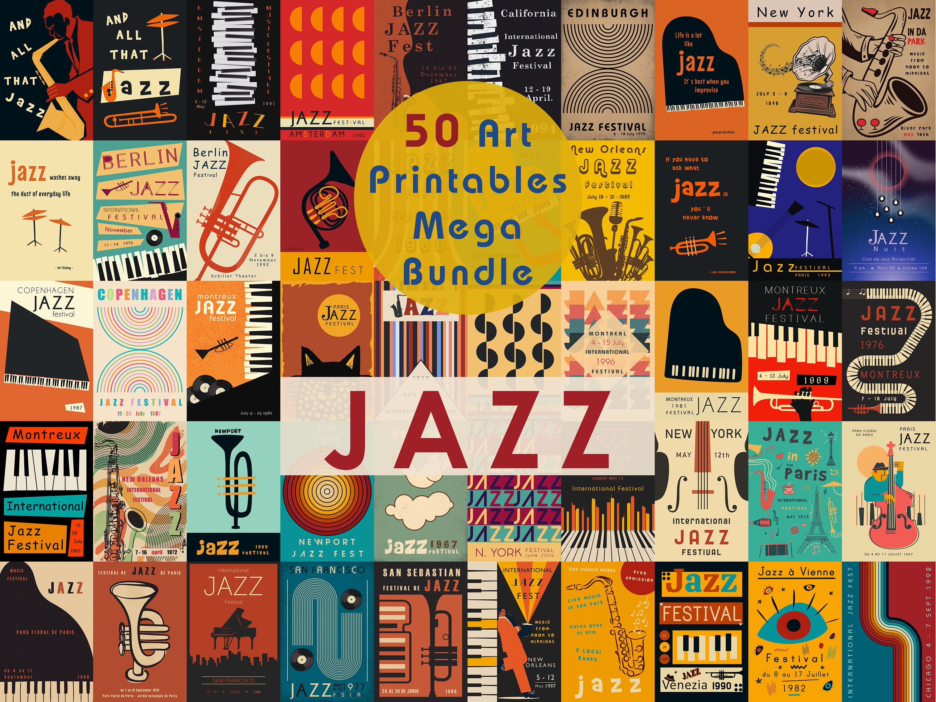 50 Jazz MEGA BUNDLE Gallery Wall Set, Jazz Prints, Jazz