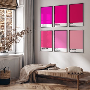 Pink magenta palette colors set of 6. Dorm room decor. Color block print set of 6, Pink hues minimalist wall decor. Pink gallery wall set image 2