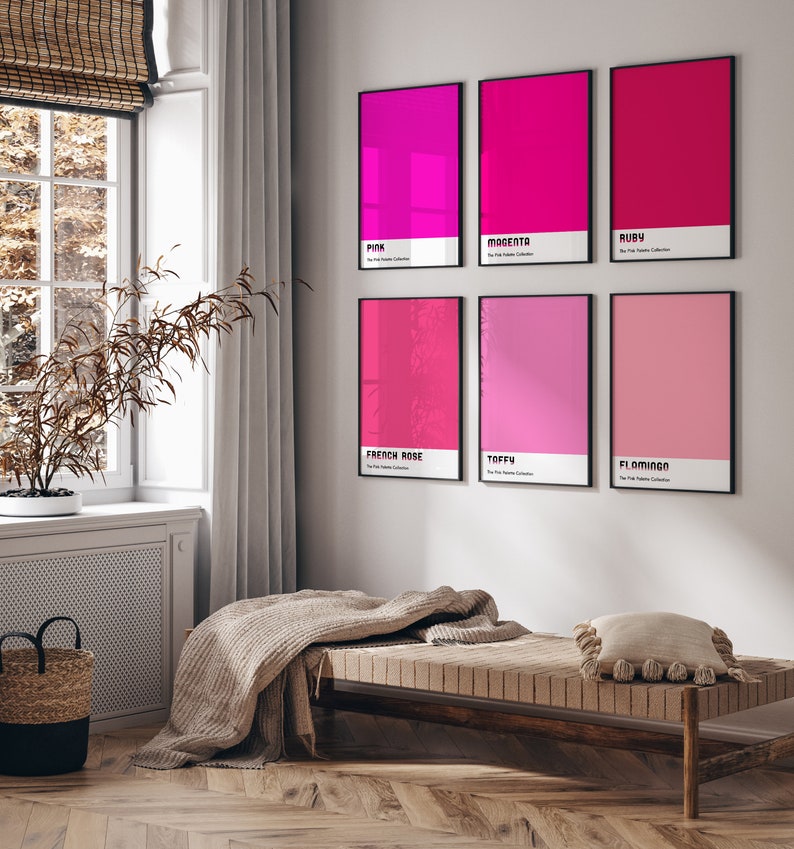 Pink magenta palette colors set of 6. Dorm room decor. Color block print set of 6, Pink hues minimalist wall decor. Pink gallery wall set image 2