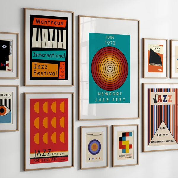 Colorfull Gallery Wall Set of 10, Bauhaus Poster Prints, Jazz Festival Posters, Modern Home Decor, Mid Century Wall Art, Vintage Decor