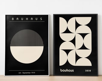 Bauhaus vintage wall art set of 2, Retro exhibition poster, Mid century modern prints, Geometric printables, Abstract art set, Black & White