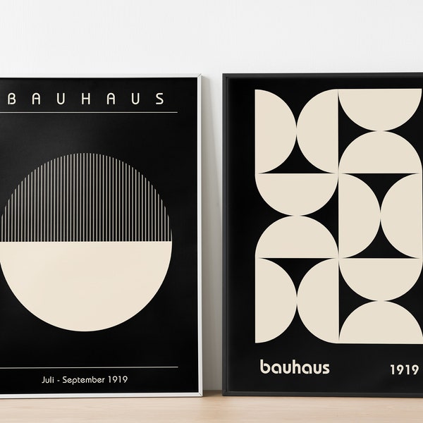 Bauhaus vintage wall art set of 2, Retro exhibition poster, Mid century modern prints, Geometric printables, Abstract art set, Black & White