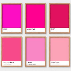 Pink magenta palette colors set of 6. Dorm room decor. Color block print set of 6, Pink hues minimalist wall decor. Pink gallery wall set image 1
