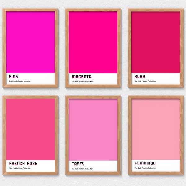 Pink magenta palette colors  set of 6. Dorm room decor. Color block print set of 6, Pink hues minimalist wall decor. Pink gallery wall set