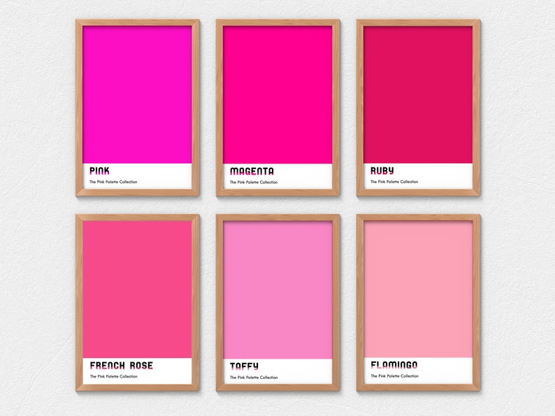 Pink magenta palette colors set of 6. Dorm room decor. Color block print set of 6, Pink hues minimalist wall decor. Pink gallery wall set image 1