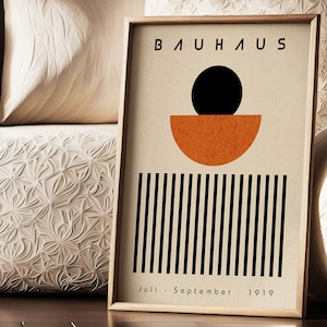 Impressão de exposição Bauhaus, pôster geométrico abstrato, laranja vintage para impressão, impressão moderna de meados do século, arte de parede com círculos e linhas, download