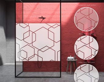 May include: A shower stall with a geometric patterned window film. The film is available in three finishes: transparent matt diffus, weiss matt satiniert, and silber matt satiniert.