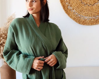 4 layers Pockets Muslin Organic Cotton Robe, Kimono Musselin Bathrobe, Soft Bathrobe