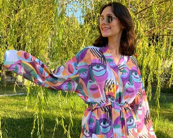 Unique Beach Kimono, Colorful Muslin Robe, Evil Eye Kimono, Turkish Cotton Robe