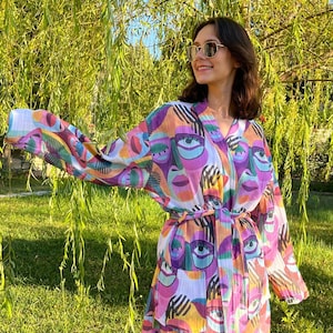 Unique Beach Kimono, Colorful Muslin Robe, Evil Eye Kimono, Turkish Cotton Robe