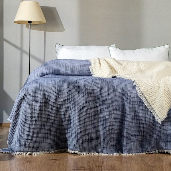 Bohemian Gauze Cotton Muslin Bed Cover, OEKO-TEX Certified, Queen or King Size Bedspread, Organic Throw Blanket