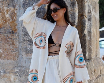 Biologische franjes mousseline kimono, boze oog katoenen badjas, katoenen kaftan