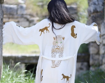 Organic Leopard Robe, Beach Kimono, Cotton Kaftan, Turkish Bathrobe